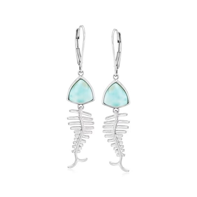 Os peixes de Larimar desossam brincos originais das gemas da gota em Sterling Silver
