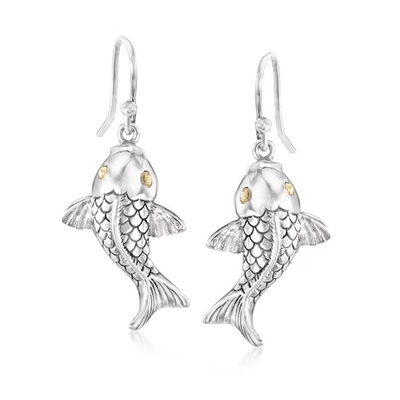 Brincos da gota de Sterling Silver Bali-Style Koi Fish com ouro 18kt amarelo