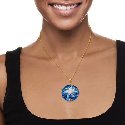 Pendente de vidro da estrela do mar de Murano do italiano no ouro 18kt sobre Sterling