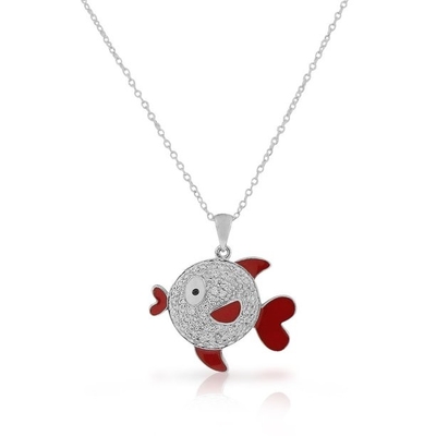Colar clara branca 925 Sterling Silver do pendente dos peixes da CZ do esmalte vermelho da vida marinha