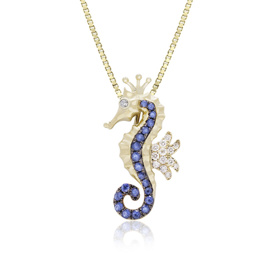 Ouro amarelo Sapphire Seahorse Pendant Necklace azul, joia da vida marinha do estilo do oceano