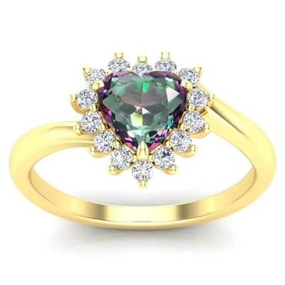 aneis de noivado místicos de pedra preciosa do halo de 14K Rose Gold Plated Heart Cut Topaz White CZ