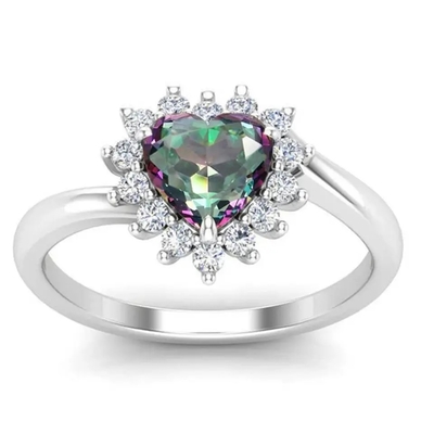 aneis de noivado místicos de pedra preciosa do halo de 14K Rose Gold Plated Heart Cut Topaz White CZ