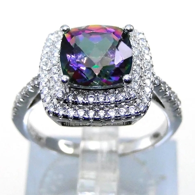 aneis de noivado místicos de pedra preciosa do halo de 14K Rose Gold Plated Heart Cut Topaz White CZ