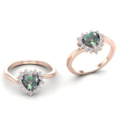 aneis de noivado místicos de pedra preciosa do halo de 14K Rose Gold Plated Heart Cut Topaz White CZ