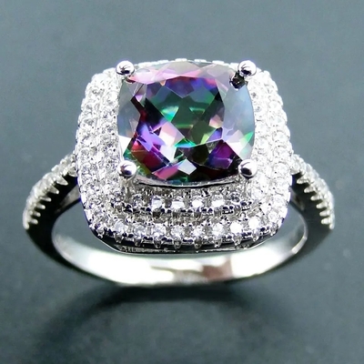 aneis de noivado místicos de pedra preciosa do halo de 14K Rose Gold Plated Heart Cut Topaz White CZ