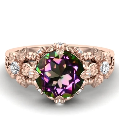 14K Sterling Silver Vintage Art Round chapeado ouro cortou Topaz Gemstone Engagement Rings branco místico