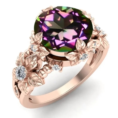 14K Sterling Silver Vintage Art Round chapeado ouro cortou Topaz Gemstone Engagement Rings branco místico