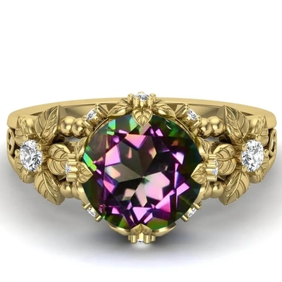 14K Sterling Silver Vintage Art Round chapeado ouro cortou Topaz Gemstone Engagement Rings branco místico