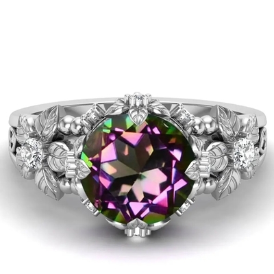 14K Sterling Silver Vintage Art Round chapeado ouro cortou Topaz Gemstone Engagement Rings branco místico