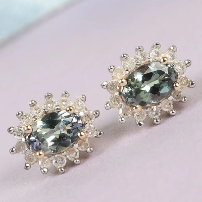 das mulheres verdes superiores dos brincos do parafuso prisioneiro de Tanzanite do corte oval do halo da CZ da joia do ouro 14K amarelo os brincos clássicos