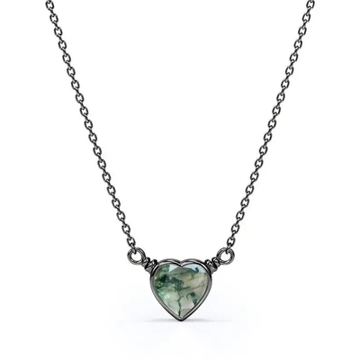 925 luz natural simples de prata coração verde elegante brilhante Moss Agate Necklace For Sale dado forma