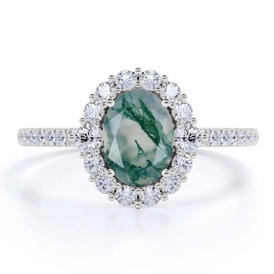 Anel natural da fábrica do projeto de Moss Agate Rings Top Quality da joia branca original de S925 Rose Gold Plated Round Cut CZ
