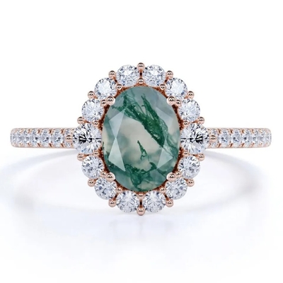 Anel natural da fábrica do projeto de Moss Agate Rings Top Quality da joia branca original de S925 Rose Gold Plated Round Cut CZ