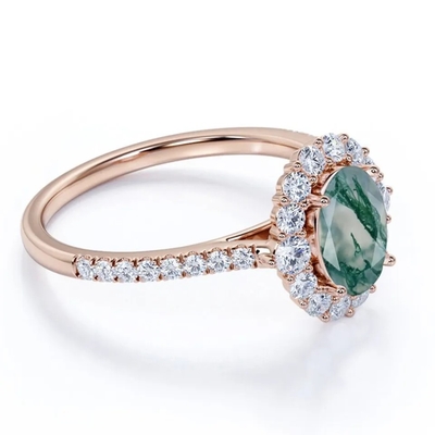 Anel natural da fábrica do projeto de Moss Agate Rings Top Quality da joia branca original de S925 Rose Gold Plated Round Cut CZ