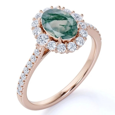 Anel natural da fábrica do projeto de Moss Agate Rings Top Quality da joia branca original de S925 Rose Gold Plated Round Cut CZ