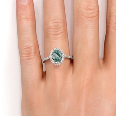 Anel natural da fábrica do projeto de Moss Agate Rings Top Quality da joia branca original de S925 Rose Gold Plated Round Cut CZ