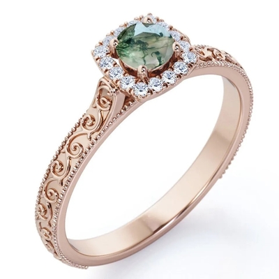 Joia verde azul do vintage S925 Moss Agate Ring 14K Rose Gold Plated White CZ