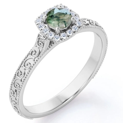 Joia verde azul do vintage S925 Moss Agate Ring 14K Rose Gold Plated White CZ