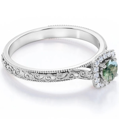 Joia verde azul do vintage S925 Moss Agate Ring 14K Rose Gold Plated White CZ
