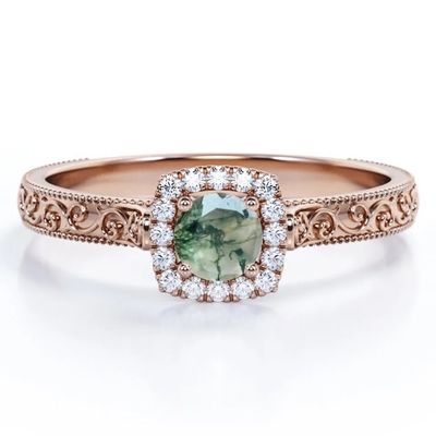 Joia verde azul do vintage S925 Moss Agate Ring 14K Rose Gold Plated White CZ