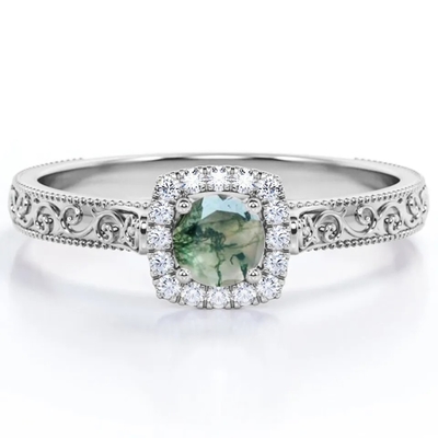 Joia verde azul do vintage S925 Moss Agate Ring 14K Rose Gold Plated White CZ