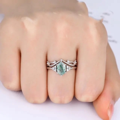 Quartzo Ring Real Green Moss Agate de Sterling Silver Hexagon Cut Natural do acoplamento 925