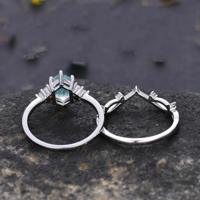 Quartzo Ring Real Green Moss Agate de Sterling Silver Hexagon Cut Natural do acoplamento 925