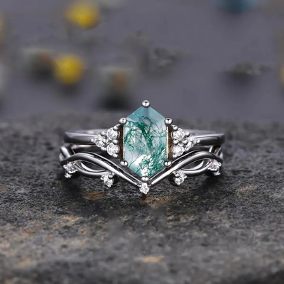 Quartzo Ring Real Green Moss Agate de Sterling Silver Hexagon Cut Natural do acoplamento 925