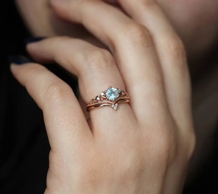 S925 delicados Rose Gold Plated Natural Round dão forma à água-marinha Ring Women Jewelry