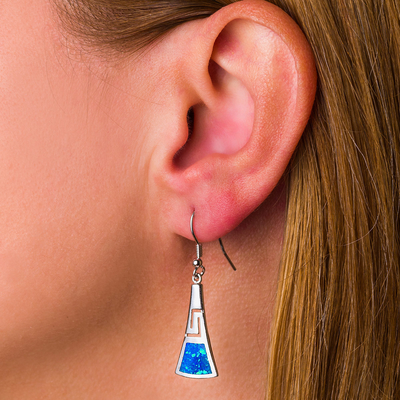 925 com os brincos gregos 925 da chave do meandro de Sterling Silver Blue Retro Opal com Sterling Silver