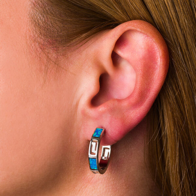 925 com Sterling Silver Greek Opal Dangle Meander Meandros Earrings azul chave para mulheres