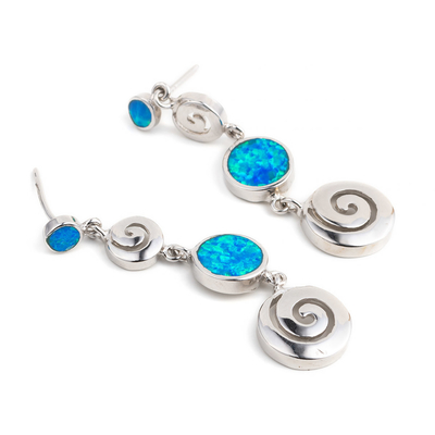 925 com Sterling Silver Greek Opal Dangle Meander Meandros Earrings azul chave para mulheres