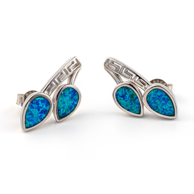 925 com chave Garnet Stud Meander Opal azul natural de Sterling Silver Greek   Brincos para mulheres