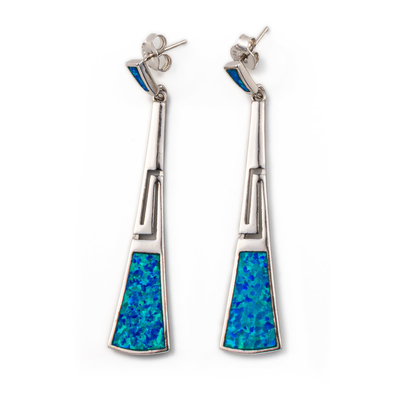 925 com o azul chave de Sterling Silver Greek   Brincos de alta qualidade do parafuso prisioneiro da folha da opala do meandro