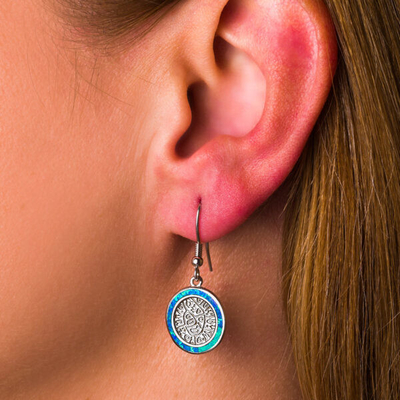 925 com o azul chave de Sterling Silver Greek   O disco de Phaistos da opala do meandro oscila brincos das mulheres