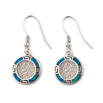 925 com o azul chave de Sterling Silver Greek   O disco de Phaistos da opala do meandro oscila brincos das mulheres