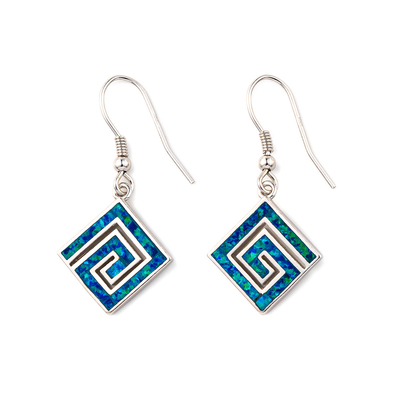 925 com chave Garnet Stud Meander Opal azul natural de Sterling Silver Greek   Brincos para mulheres