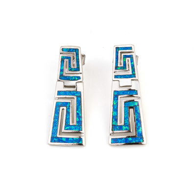 925 com chave Garnet Stud Meander Opal azul natural de Sterling Silver Greek   Brincos para mulheres