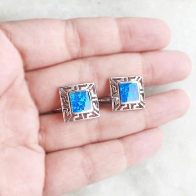 925 com meandro grego e Emerald Square Cufflink Earrings da opala de Sterling Silver Bule