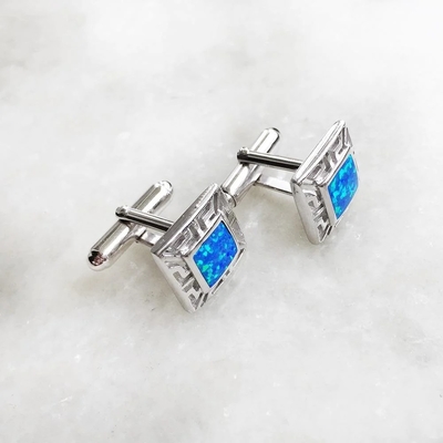 925 com meandro grego e Emerald Square Cufflink Earrings da opala de Sterling Silver Bule