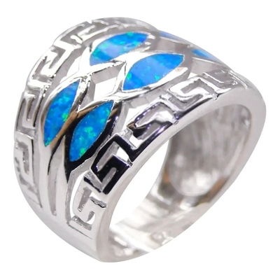 Joia azul de Sterling Silver Ring Blue Opal do sólido 925 de Opal Greek Key Design Wraparound para homens