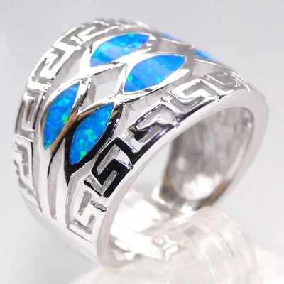 Joia azul de Sterling Silver Ring Blue Opal do sólido 925 de Opal Greek Key Design Wraparound para homens