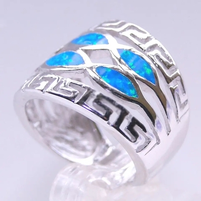 Joia azul de Sterling Silver Ring Blue Opal do sólido 925 de Opal Greek Key Design Wraparound para homens