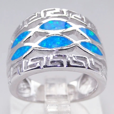 Joia azul de Sterling Silver Ring Blue Opal do sólido 925 de Opal Greek Key Design Wraparound para homens