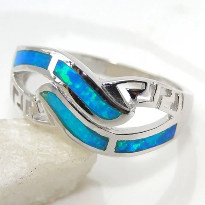 Bracelete azul de Opal Gemstone Bangle Blue Opal do fogo de Sterling Silver Jewelry Greek Key do estilo grego 925