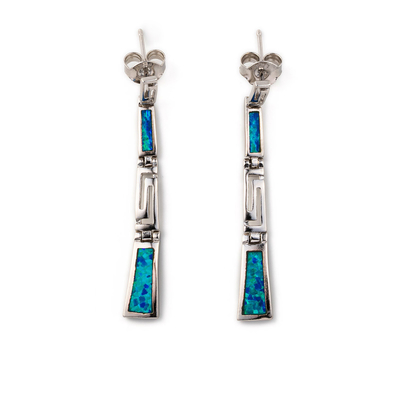 Com Sterling Blue Opal Dangle Earrings com os brincos originais chaves gregos do projeto do vintage para mulheres