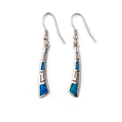 Com Sterling Blue Opal Dangle Earrings com os brincos originais chaves gregos do projeto do vintage para mulheres