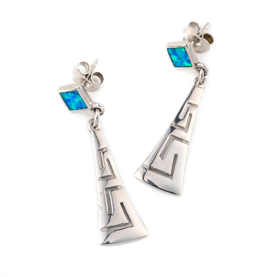 Com Sterling Blue Opal Dangle Earrings com os brincos originais chaves gregos do projeto do vintage para mulheres