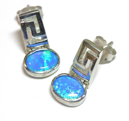 Joia azul retro da qualidade de 925 Sterling Silver Meander Modern Design Opal Greek Key Dangle Earrings